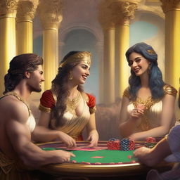 Four laughing male and female Roman gods playing poker in a vibrant casino set in Olympus