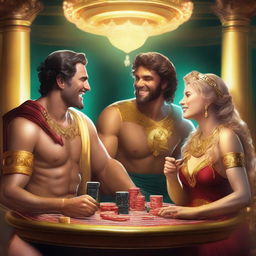 Four laughing male and female Roman gods playing poker in a vibrant casino set in Olympus