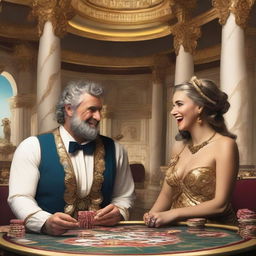 Two laughing male and female Roman gods and an accountant playing poker in a lavish casino set in Olympus