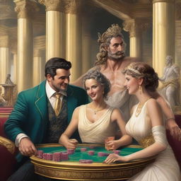 Two laughing male and female Roman gods and an accountant playing poker in a lavish casino set in Olympus