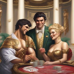 Two laughing male and female Roman gods and an accountant playing poker in a lavish casino set in Olympus