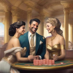 Two laughing male and female Roman gods and an accountant playing poker in a lavish casino set in Olympus