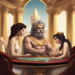 An imp, a bookie in a cheap suit, and a laughing male and female Roman god playing poker in a luxurious casino in Olympus