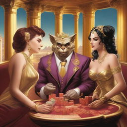 An imp, a bookie in a cheap suit, and a laughing male and female Roman god playing poker in a luxurious casino in Olympus