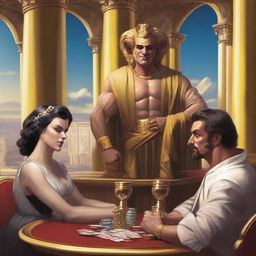 An imp, a bookie in a cheap suit, and a laughing male and female Roman god playing poker in a luxurious casino in Olympus