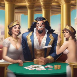 An imp, a bookie in a cheap suit, and a laughing male and female Roman god playing poker in a luxurious casino in Olympus