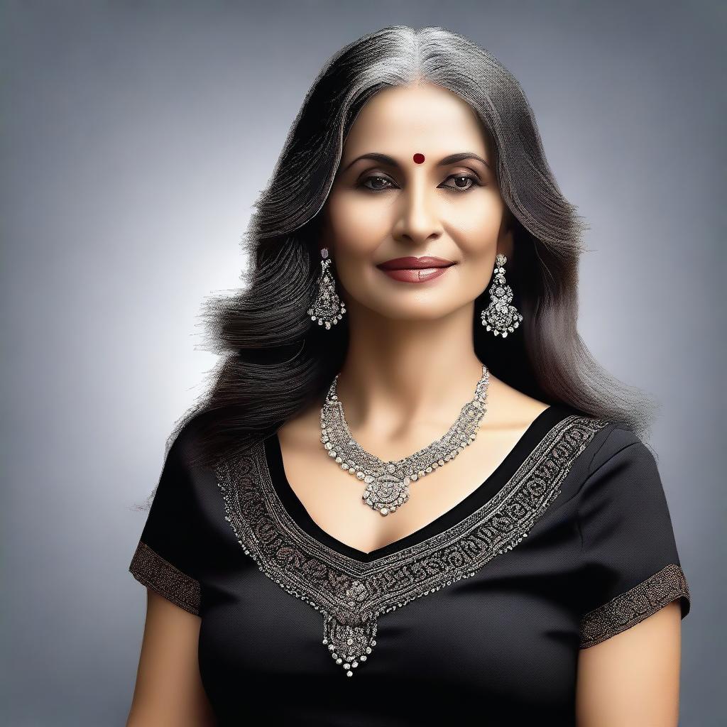 A beautiful and attractive older woman with a fit body and clear skin, wearing a black Indian blouse