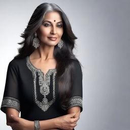 A beautiful and attractive older woman with a fit body and clear skin, wearing a black Indian blouse