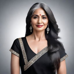 A beautiful and attractive older woman with a fit body and clear skin, wearing a black Indian blouse