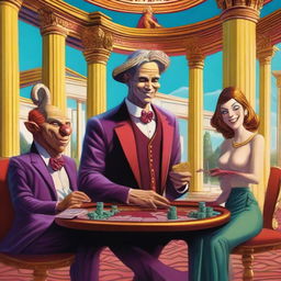 A humorous scene featuring a funny imp, a skinny bookie in a cheap suit, and a laughing male and female Roman god playing poker in a grand casino in Olympus