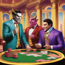 A humorous scene featuring a funny imp, a skinny bookie in a cheap suit, and a laughing male and female Roman god playing poker in a grand casino in Olympus