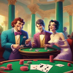 A humorous scene featuring a funny imp, a skinny bookie in a cheap suit, and a laughing male and female Roman god playing poker in a grand casino in Olympus