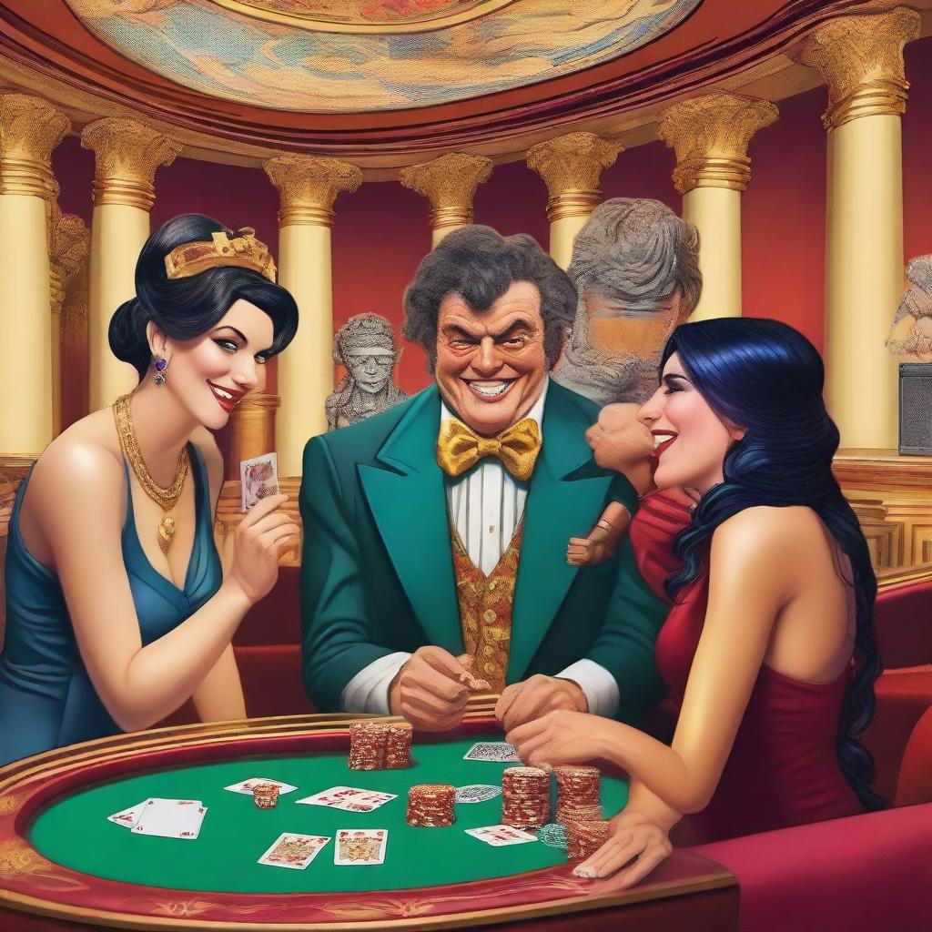 A humorous scene featuring a funny imp, a skinny bookie in a cheap suit, and a laughing male and female Roman god playing poker in a grand casino in Olympus