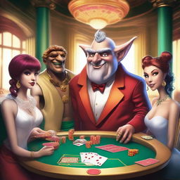 A funny imp, a skinny bookie in a cheap suit, and male and female Roman gods playing poker in a luxurious casino setting in Olympus