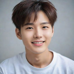 A charming Korean boy with deep eyes and a captivating smile. His expression is mysterious, conveying confidence and natural charm. His facial features are harmoniously balanced, giving him unique beauty.