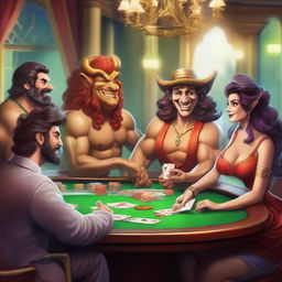 A funny imp, a skinny bookie in a cheap suit, and male and female Roman gods playing poker in a luxurious casino setting in Olympus