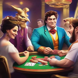 A funny imp, a skinny bookie in a cheap suit, and male and female Roman gods playing poker in a luxurious casino setting in Olympus