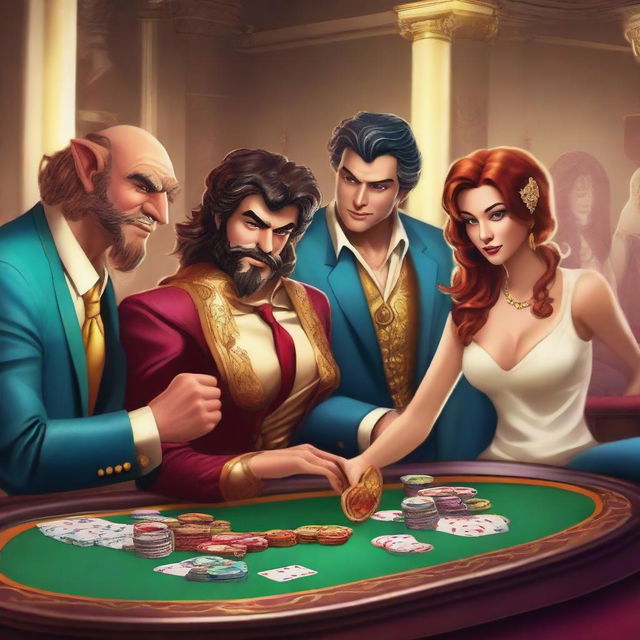 A funny imp, a skinny bookie in a cheap suit, and male and female Roman gods playing poker in a luxurious casino setting in Olympus