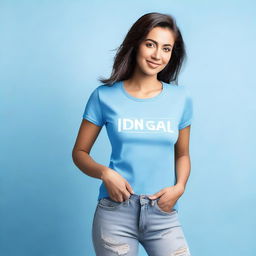 Create an image of a sexy woman wearing a light blue t-shirt with the text 'IDNGOAL' on it