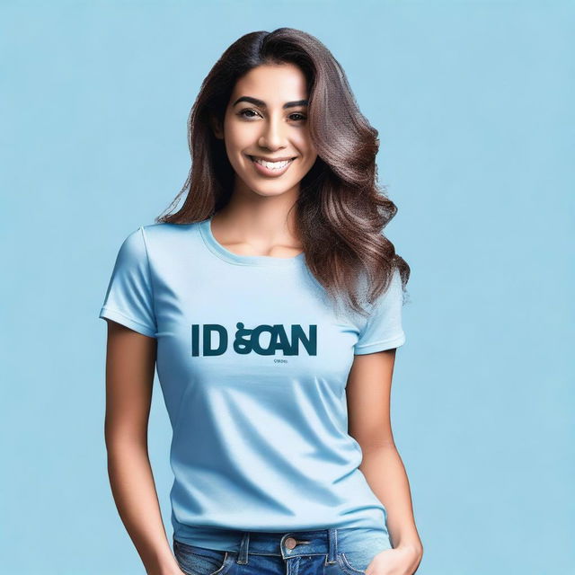 Create an image of a sexy woman wearing a light blue t-shirt with the text 'IDNGOAL' on it