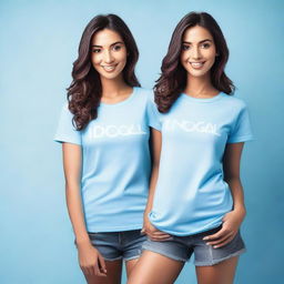 Create an image of a sexy woman wearing a light blue t-shirt with the text 'IDNGOAL' on it