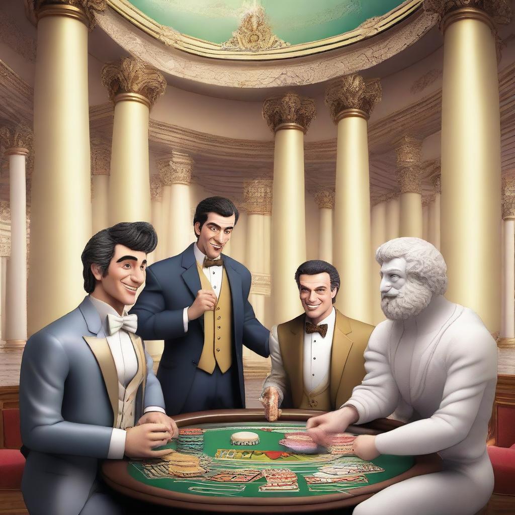 A humorous scene set in a casino in Olympus with a funny imp, a skinny bookie in a cheap suit, and a laughing male playing poker