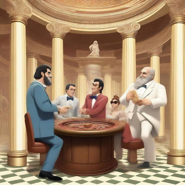 A humorous scene set in a casino in Olympus with a funny imp, a skinny bookie in a cheap suit, and a laughing male playing poker