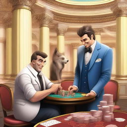 A humorous scene set in a casino in Olympus with a funny imp, a skinny bookie in a cheap suit, and a laughing male playing poker