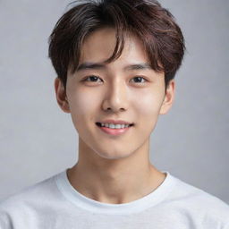 A charming Korean boy with deep eyes and a captivating smile. His expression is mysterious, conveying confidence and natural charm. His facial features are harmoniously balanced, giving him unique beauty.