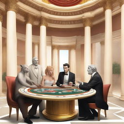 A humorous scene set in a casino in Olympus with a funny imp, a skinny bookie in a cheap suit, and a laughing male playing poker