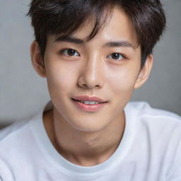 A charming Korean boy with deep eyes and a captivating smile. His expression is mysterious, conveying confidence and natural charm. His facial features are harmoniously balanced, giving him unique beauty.