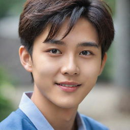 A charming Korean boy with deep eyes and a captivating smile. His expression is mysterious, conveying confidence and natural charm. His facial features are harmoniously balanced, giving him unique beauty.