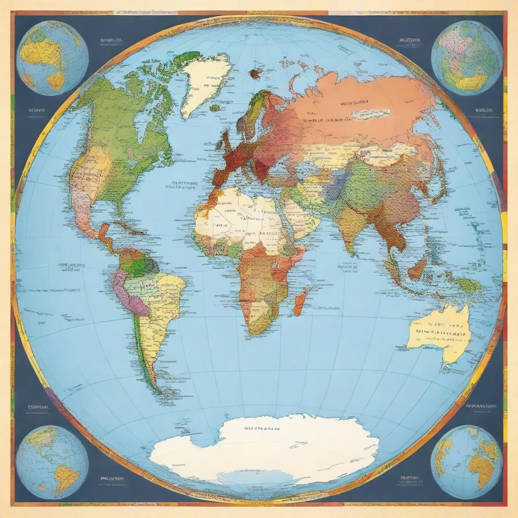 A detailed square map of the planet Earth showing all six continents