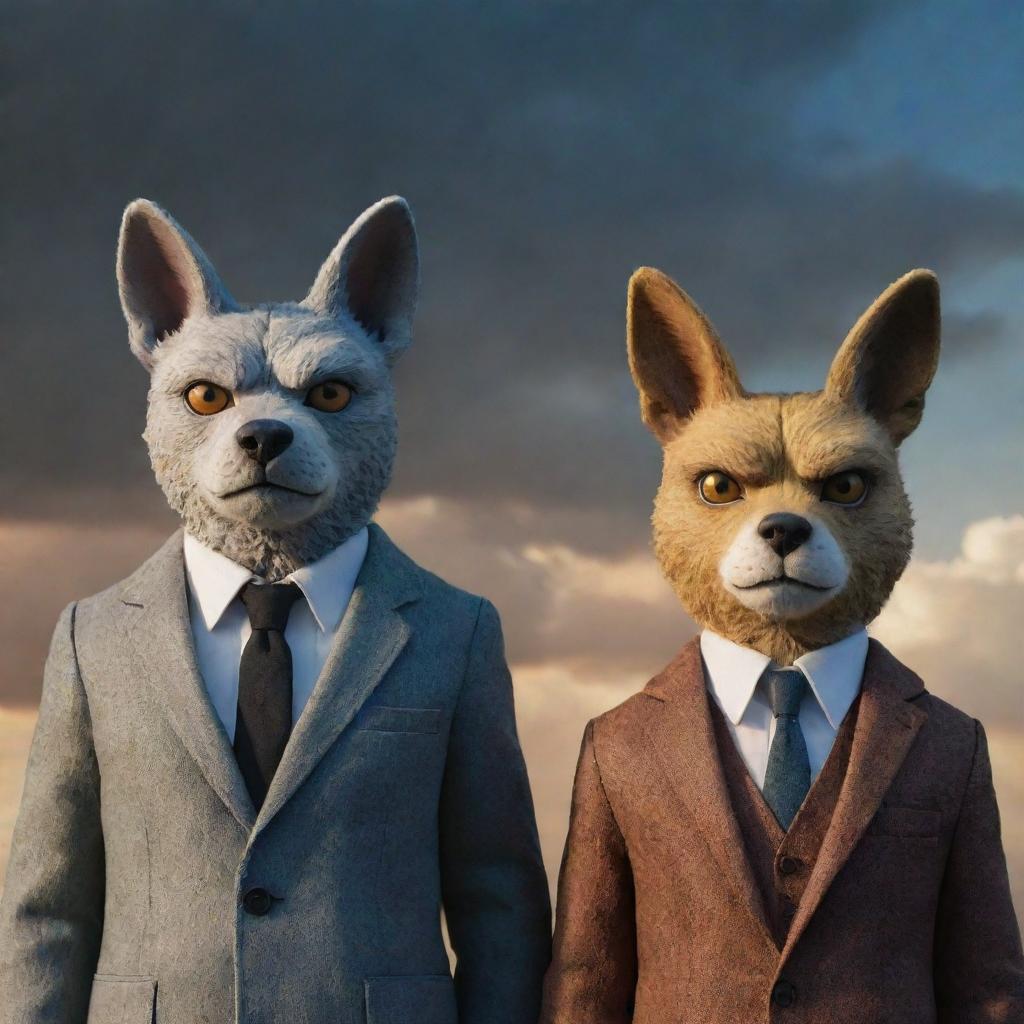 Dexter Morgan from 'Dexter' and Legoshi from 'Beastars' standing side by side in their distinctive styles, under a dramatic sky.