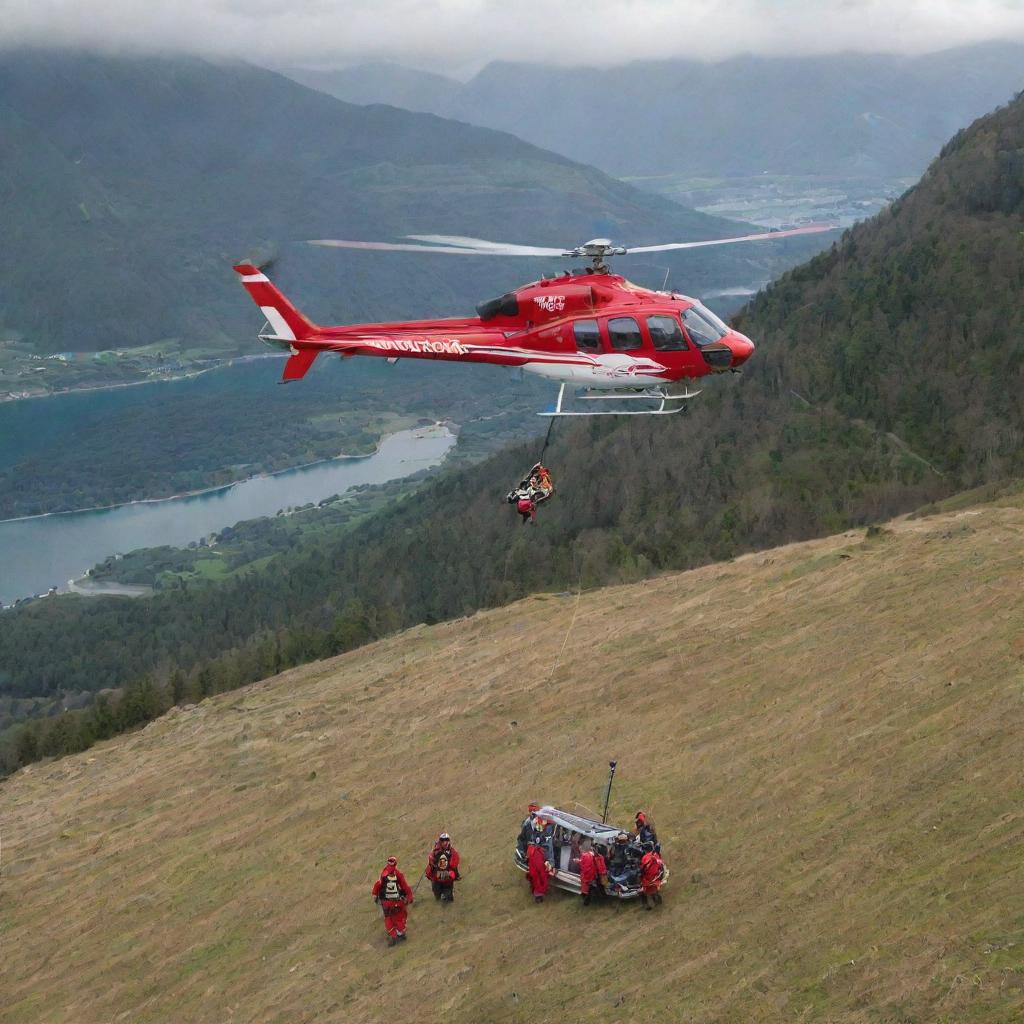 A red and white helicopter is engaged in a rescue operation. An overweight person is being carefully airlifted, secured in a stretcher, with the picturesque landscape beneath giving a sense of height and urgency.