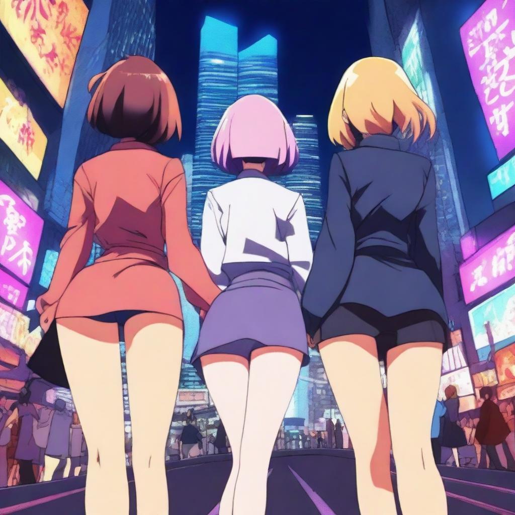 An animated scene featuring women in an anime style with a focus on their behinds