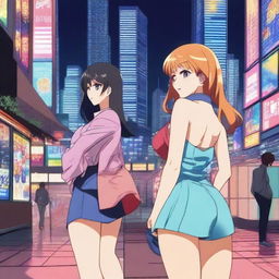 An animated scene featuring women in an anime style with a focus on their behinds