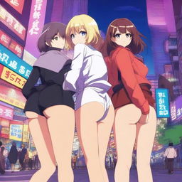 An animated scene featuring women in an anime style with a focus on their behinds