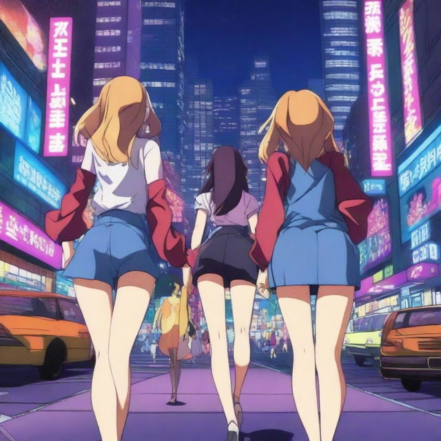 An animated scene featuring women in an anime style with a focus on their behinds