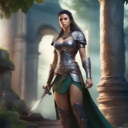 A confident and strong woman, depicted in a fantasy setting with elements of magic and adventure