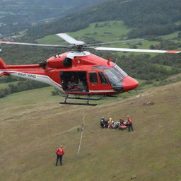 A red and white helicopter is engaged in a rescue operation. An overweight person is being carefully airlifted, secured in a stretcher, with the picturesque landscape beneath giving a sense of height and urgency.