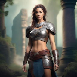 A confident and strong woman, depicted in a fantasy setting with elements of magic and adventure