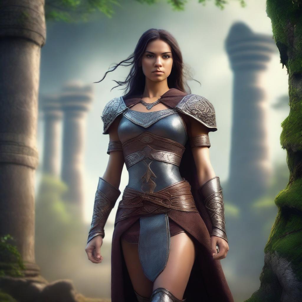 A confident and strong woman, depicted in a fantasy setting with elements of magic and adventure