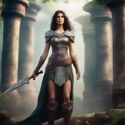 A confident and strong woman, depicted in a fantasy setting with elements of magic and adventure