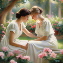 Two women depicted in a romantic and intimate setting, sharing a loving moment together