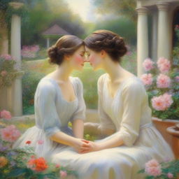 Two women depicted in a romantic and intimate setting, sharing a loving moment together