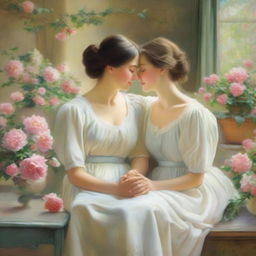 Two women depicted in a romantic and intimate setting, sharing a loving moment together