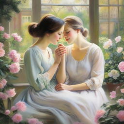 Two women depicted in a romantic and intimate setting, sharing a loving moment together