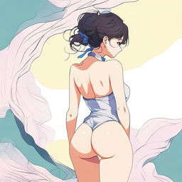 An anime-style illustration of a woman with a focus on her backside