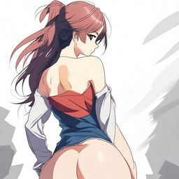 An anime-style illustration of a woman with a focus on her backside